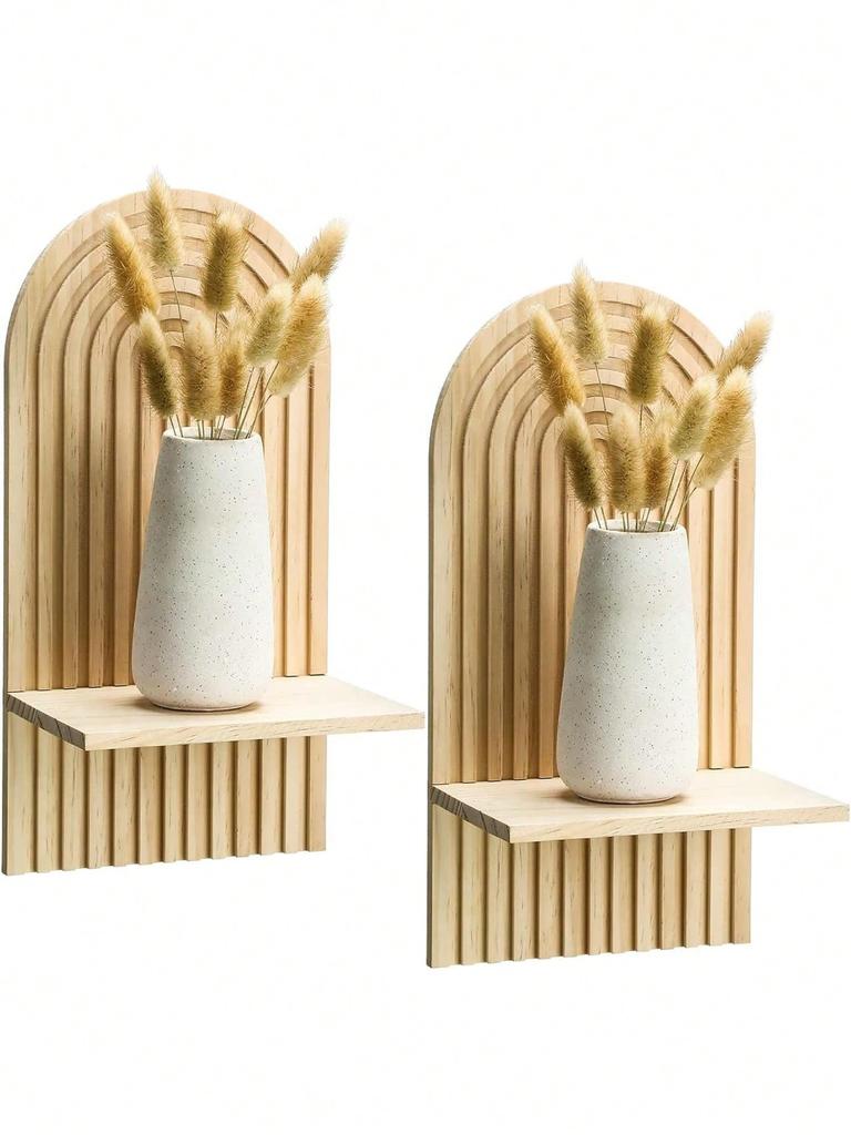 1/2pcs Wooden Wall-Mounted Decor Shelf, Bohemian Wall-Mounted Bookshelf, Boho Style Display Rack, Candle Holder For Living Room