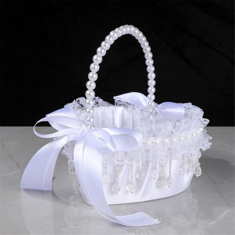 Elegant Crystal Pearls Tassels Basket For Wedding Party Decorations Handcrafted Floral Container With Silk Fabric