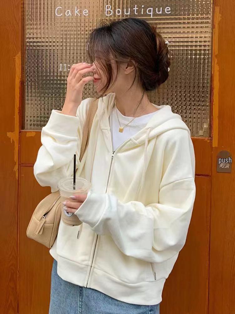 Women's College Style Hooded Sweatshirt Jacket - Spring/Autumn 2023 Zipper Loose Cardigan Top