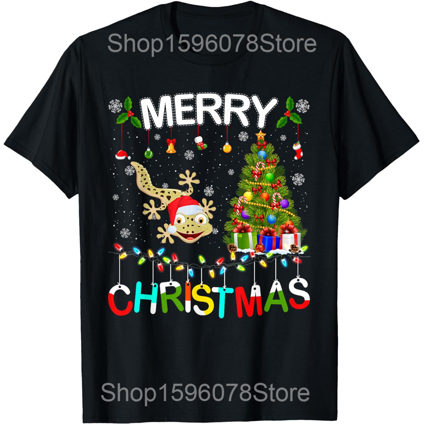 

Funny Leopard Gecko Christmas Animal Lights Lover T Shirts Men Humor Streetwear Tee Shirt Short Sleeve Unisex Loose Clothing S