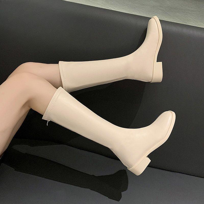 Fashion Square Toe Leather Middle Heel Long Boots for Women Autumn Winter Fashion 2025 New Chic and Elegant Knee High Shaft Shoes Woman
