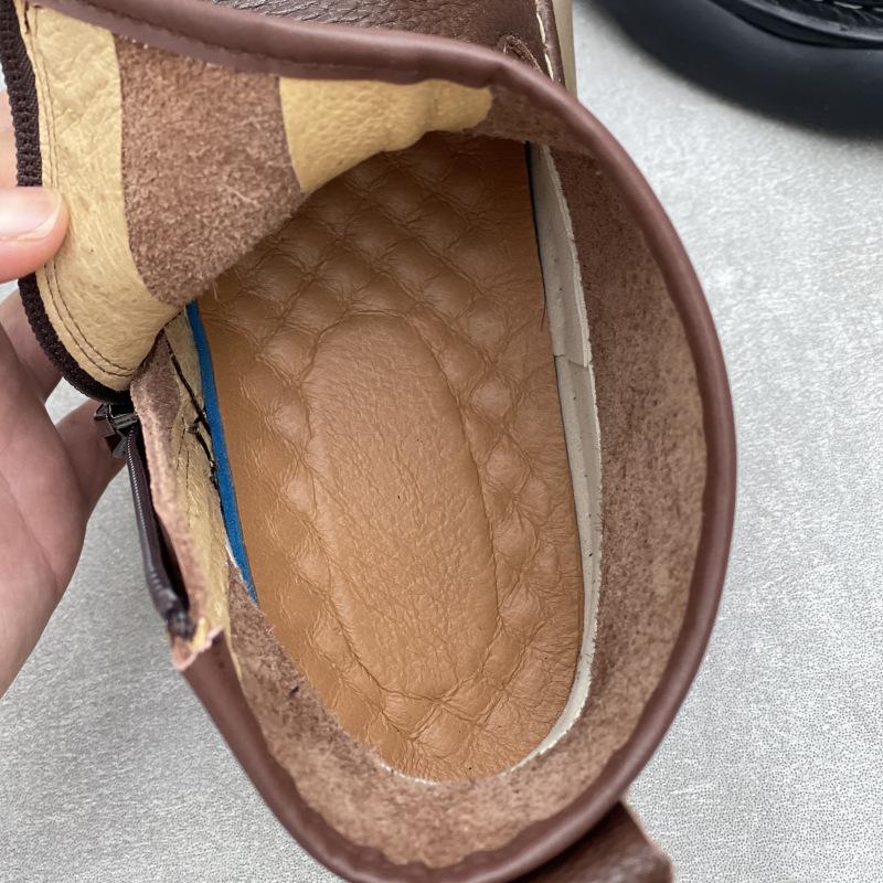 Johnature Ekte skinn Ankelstøvletter med myk såle Retro Rund tå Glidelås på siden Kvinners Flate Korte Støvletter