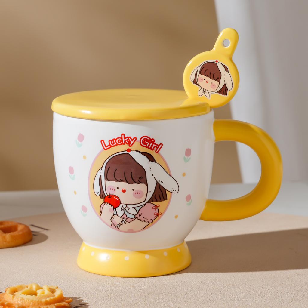 Milk Fufu Mug with Lid Spoon Comics Kids Ceramic Cup High End Couple Water Cup Internet Celebrity Breakfast Cup
