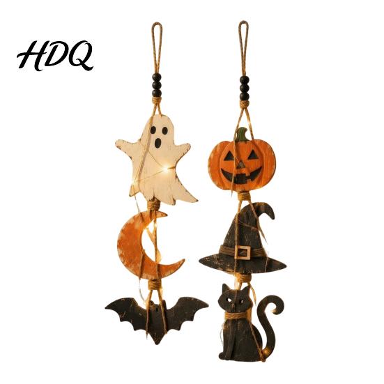 Hanging Signs with Warm Lights 2Pcs Lighted Halloween Wall Decor Wooden Ghost Bat Pumpkin Rustic Farmhouse Decor Sign Jute Rope Ornament for