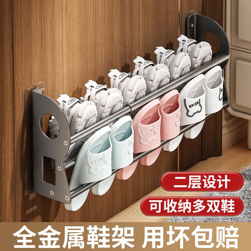 Multifunctional telescopic shoe rack Wall-mounted non-punching bathroom bathroom toilet rack Household all-metal storage rack