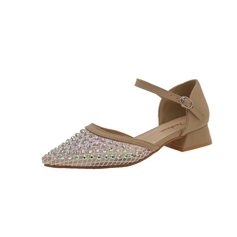 

French high heels bag head thick heel pointed new women s retro shallow mouth rhinestone sandals buckle commuter advanced women 42 абрикосовый