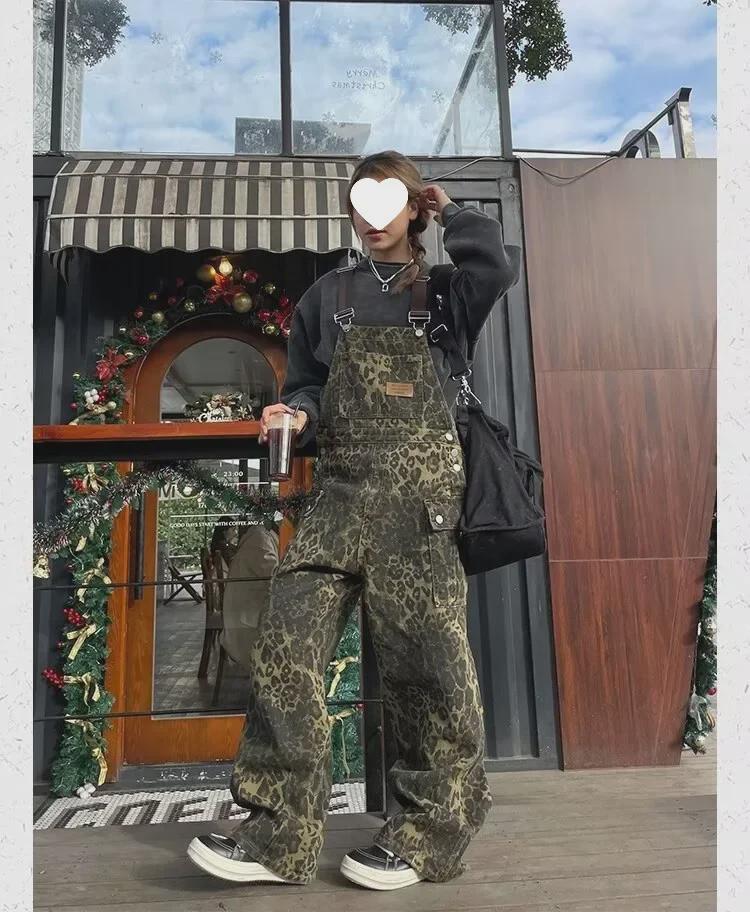 Unisex American Retro Loose Straight Leopard Print Overalls – New Street Style Washed Wide-Leg Multi-Pocket Pants Trend