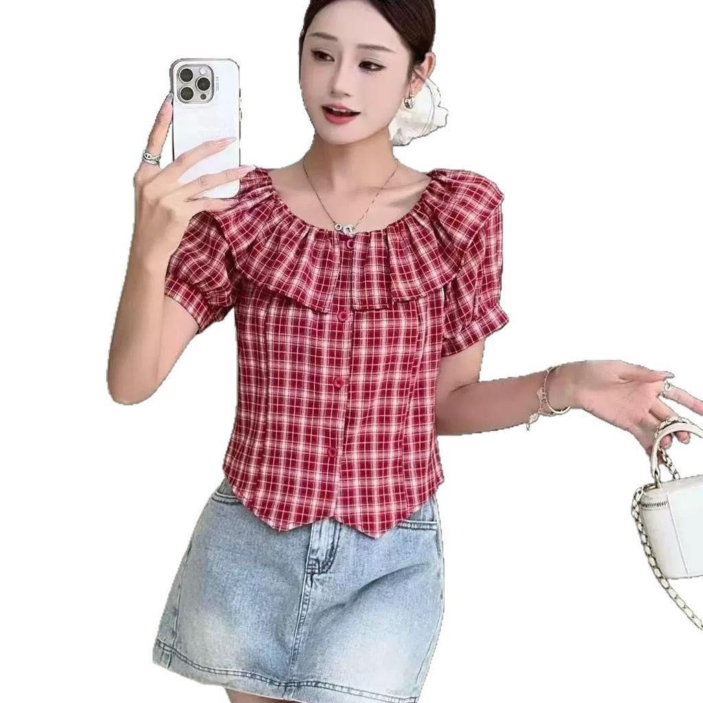 Französisches Retro-Karomuster One-Shoulder Kurzarmhemd Damen Sommer Große Größe Fette MM Design Rüschenrand Schlankes Oberteil