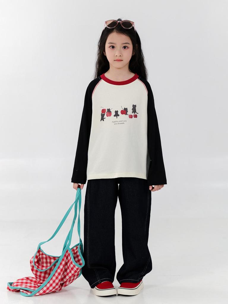 You Jia Meng Girls' Long-Sleeve Cotton T-shirt, Stylish Casual Print for Spring and Autumn