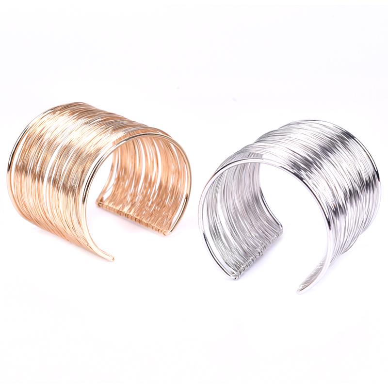 Women Multilayer Metal Wires Strings Open Bangle Wide Cuff Bracelet Jewelry