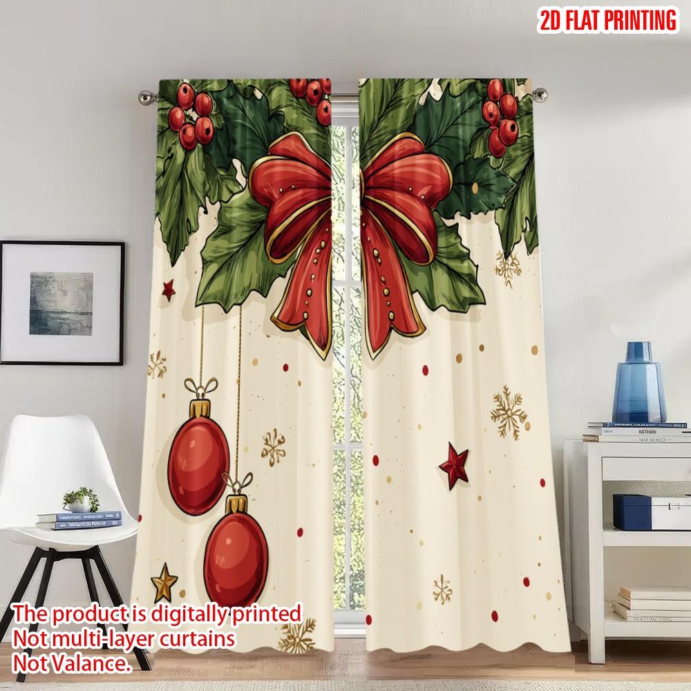 

Set Of 2 Flat Printing Fashionable Christmas Curtains Holly Bow Ornaments Stars Digital Printed Polyester Drapes Curtain W100*H70(CM)-Rod Pocket&1PCS