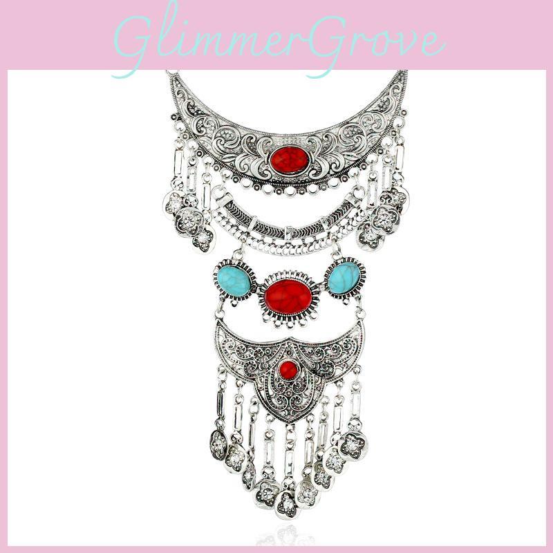 Women Long Vintage Tassel Necklace With Gemstone Leaf Art Accessory Jewelry