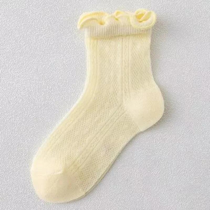 Spring and Summer Girls New Thin Breathable Comfortable Cotton Mesh Solid Lace Fashion Wooden Ear Edge Princess Socks