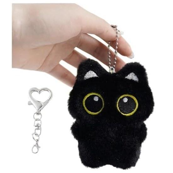 HUIJUFU Black Fluffy Cat Keychain Heart-Shaped Carabiner