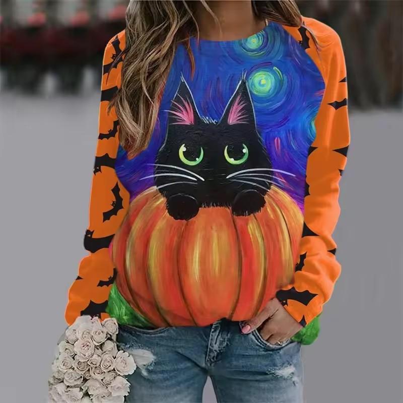 Women's T-shirt Casual Long Sleeve Tops Animal Cat Graphic Tees Shirt Blouse O-neck Fall Winter Streetwear Style Pullover