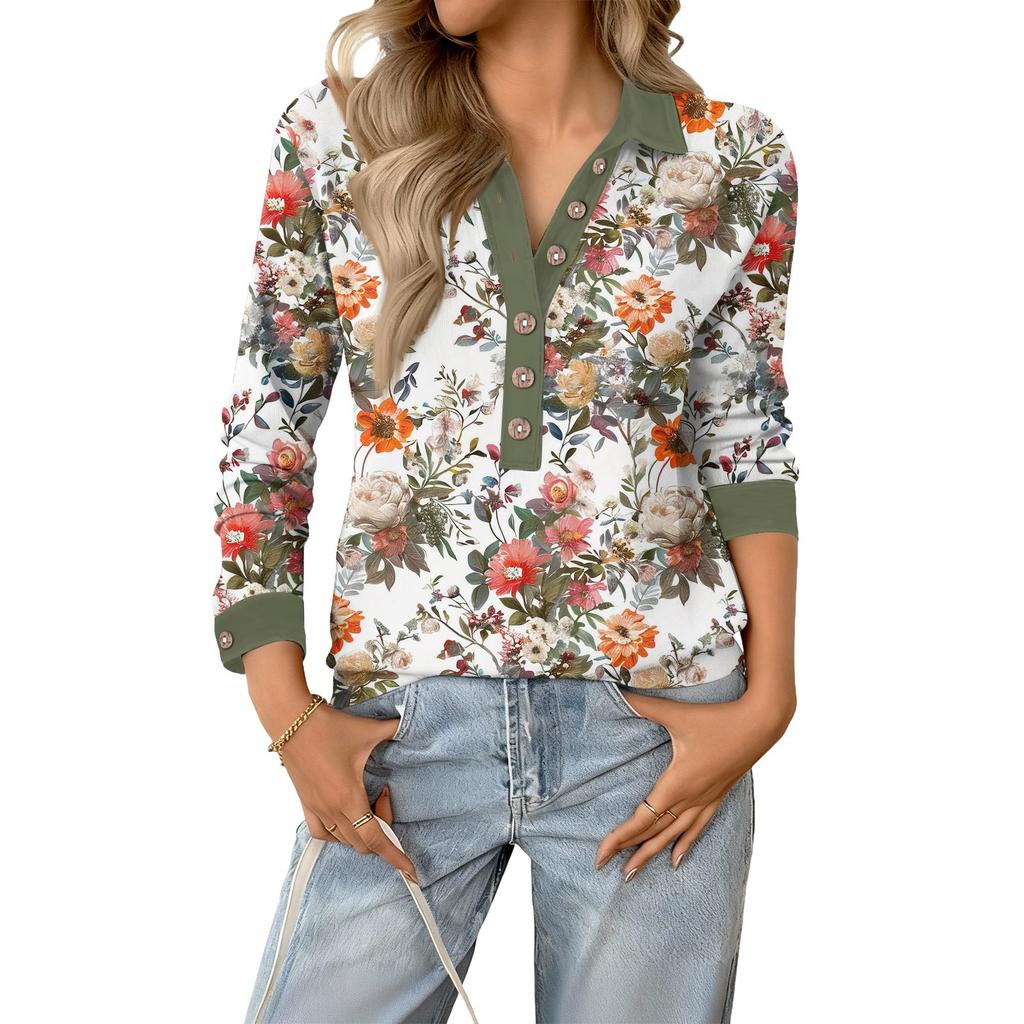 Women's relaxed V,neck long,sleeved button,down floral pullover top