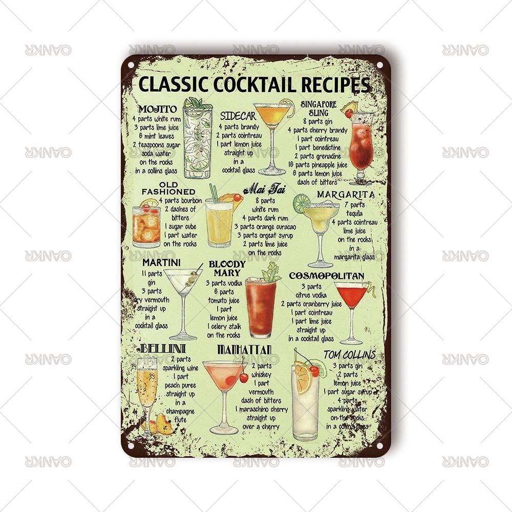Vintage Art Cocktail Poster Metal Tin Sign Classic Cocktail Recipes Chart Metal Signs for Home Pub Bar Wall Decor Plaque 20x30cm(7.8x11.8inch)