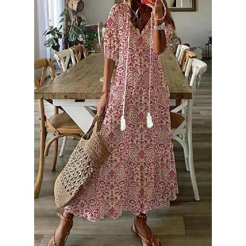 Fashion Short Sleeve Loose V-neck Printed Long Dress Casual Sweet High Waist Spring Summer Elegant Holiday A-line Dresses Female Simple Woman Clothing