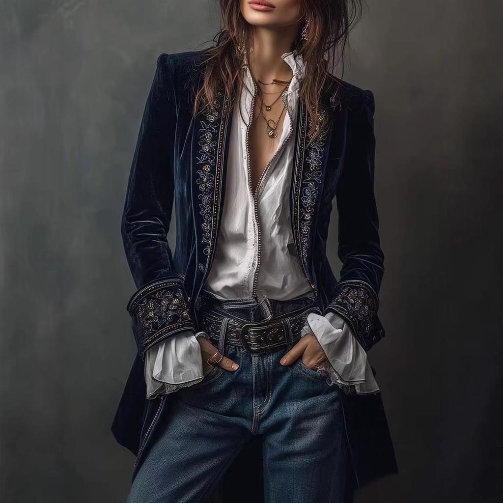 Women Embroidered Velvet Blazer Long Sleeve Open Front Cardigan Elegant Vintage Outerwear