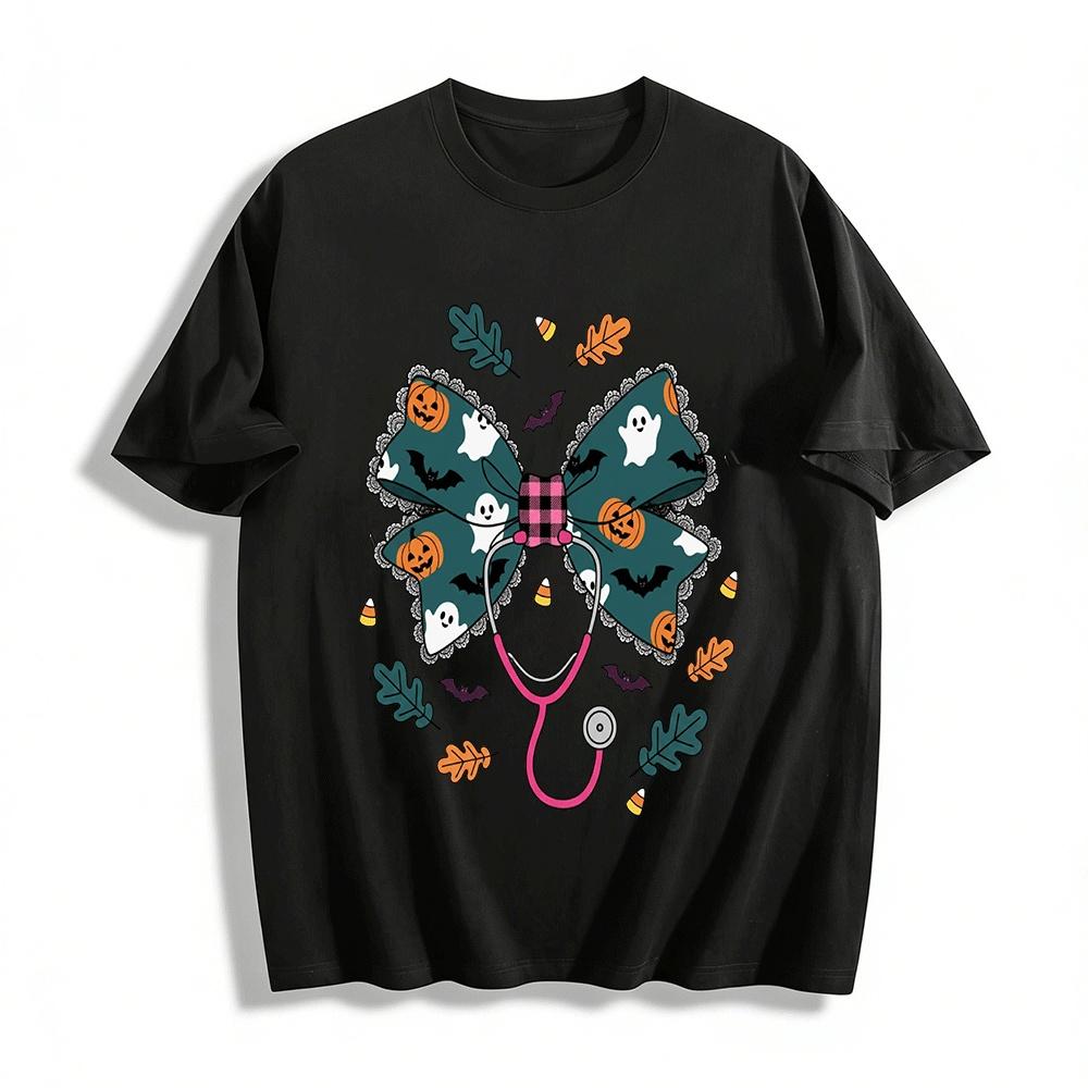 

Halloween Medical Theme Bow Print Casual Top Pure cotton T-shirt XXS