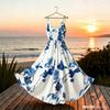 French print suspender dress seaside vacation style waist long dress European and American beach dress summer new