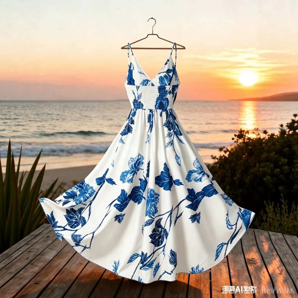French print suspender dress seaside vacation style waist long dress European and American beach dress summer new