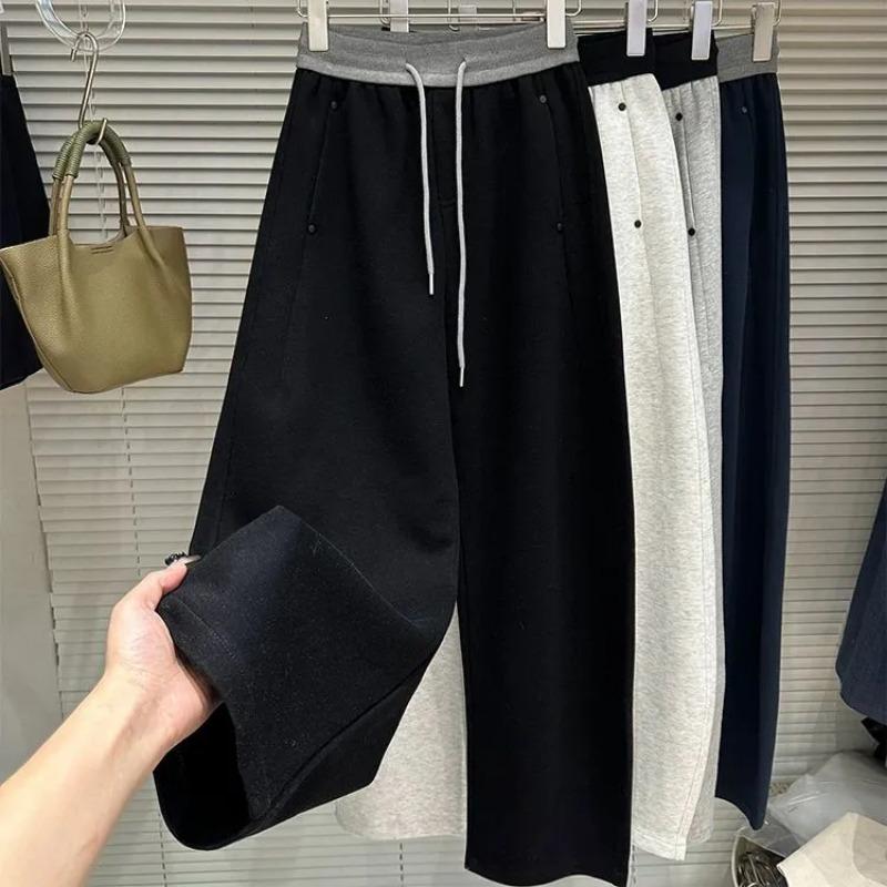 Pants for Women Plus Size Thickened Stretchy Elastic High Waist Long Trousers Solid Colour Fleece Casual Wide Leg Pants