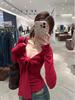 Women's Red Lace-up Bow Long-sleeve Square Neck Slim-fit Top for Autumn/Winter