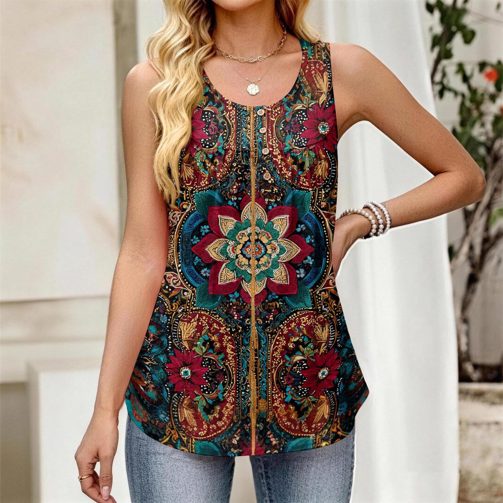 

Women s New Fashion Retro Floral Striped Textured Print Round Neck Loose Casual Button-Down Sleeveless Vest Top XL