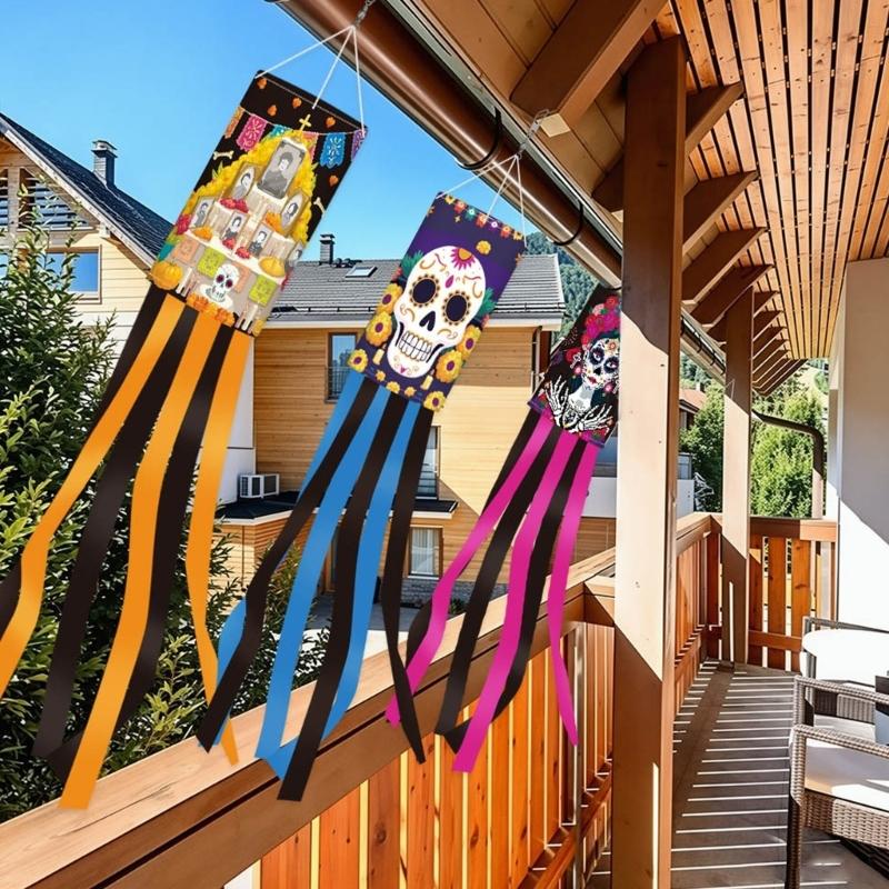 Polyester Skull Windsock Halloween Hanging Decoration with Long Ribbons for Fence Porch, Yard, Garden, or Halloween Party Entry