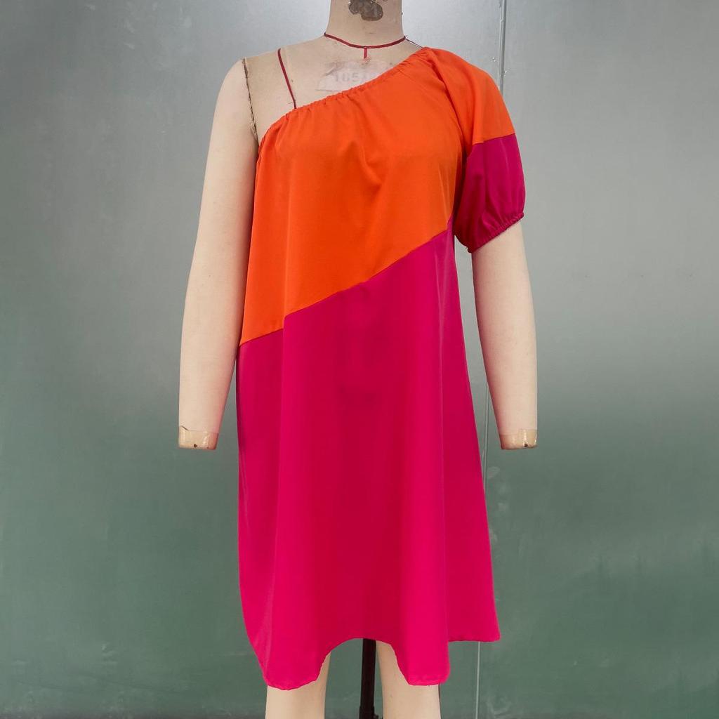 Spring Summer Women Seaside Vacation Loose Short Single Sleeve Dresses High Waist Color Block Slanted Shoulder Mid Length Dress S-XL