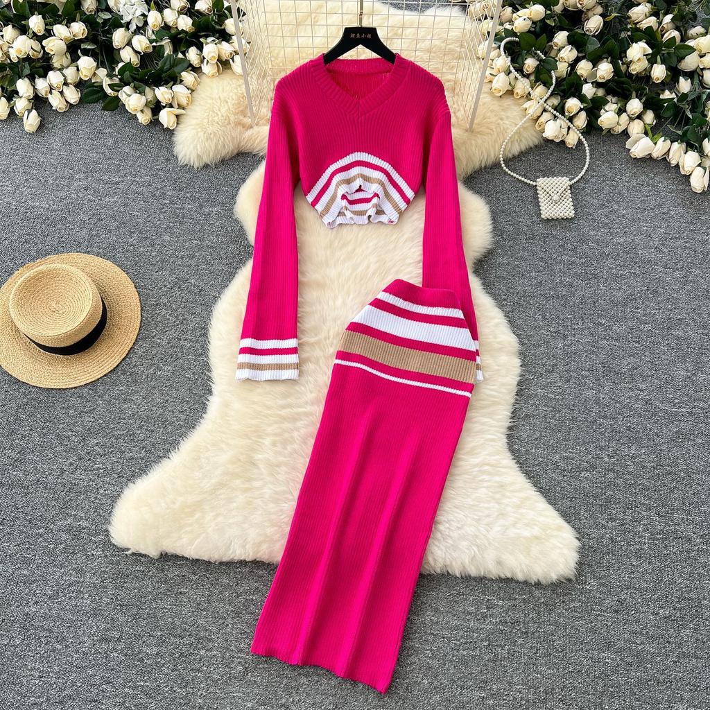 Colorblocking Short V-neck Knit Top Women's High Waist Tight Hip Half Skirt Sweater Suit