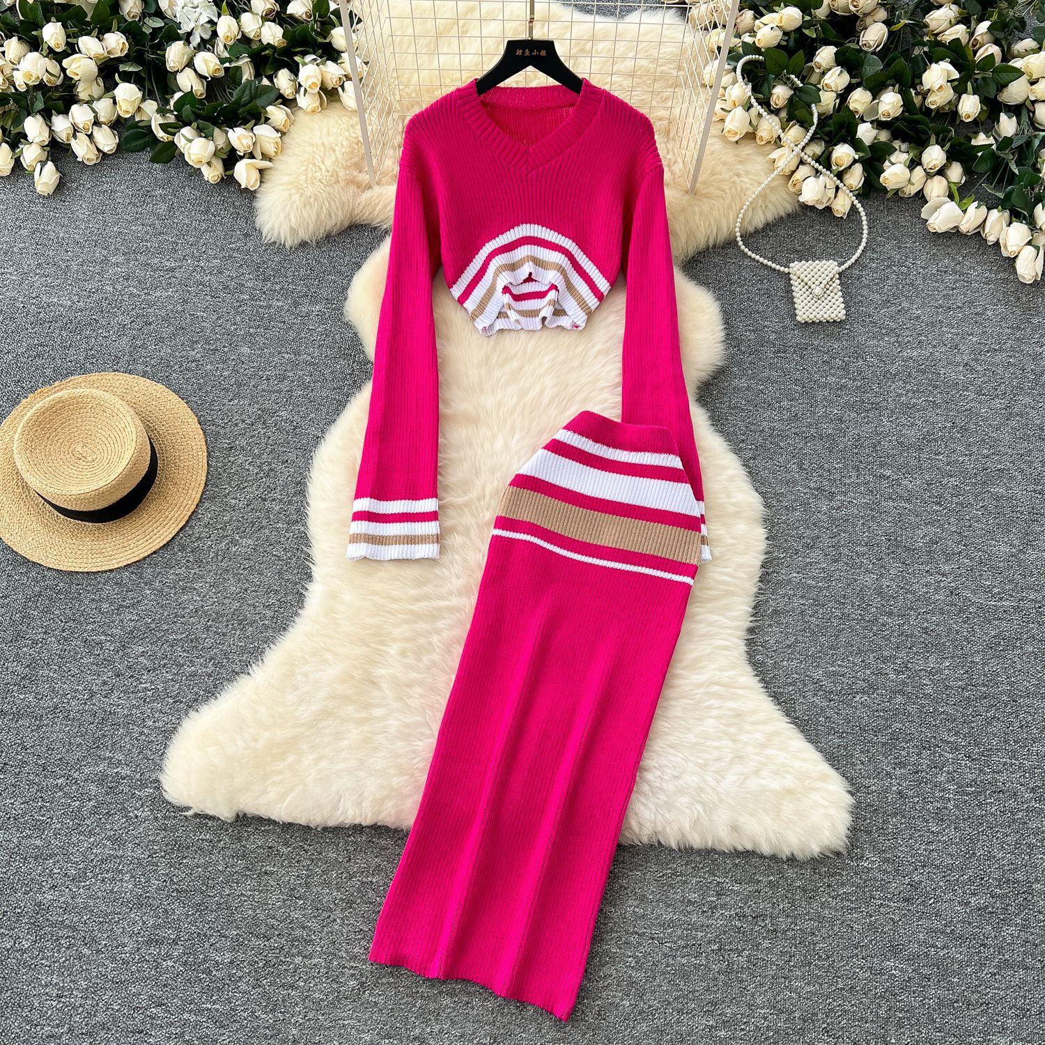 

Короткий трикотажный топ с V-образным вырезом в цветных блоках, женский облегающий свитер с юбкой и высокой талией One size розы красного