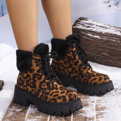 Fashion Women's Boots 2024 Winter Leopard Print Thick Soled Warm Short Boots Lace Up Anti Slip Plush Cold Proof Outdoors Ankle Boots