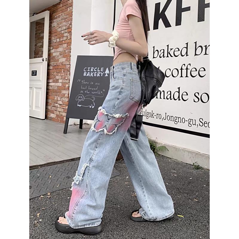 Women's Plus Size Frayed Retro Patchwork Butterfly Embroidery Washed Denim Wide-Leg Pants