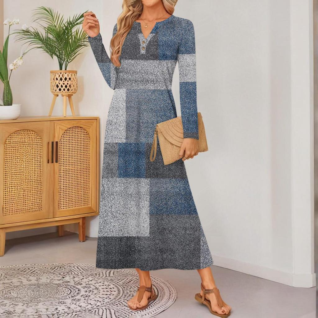 women retro printed long-sleeved comfortable loose dress, elegant dress