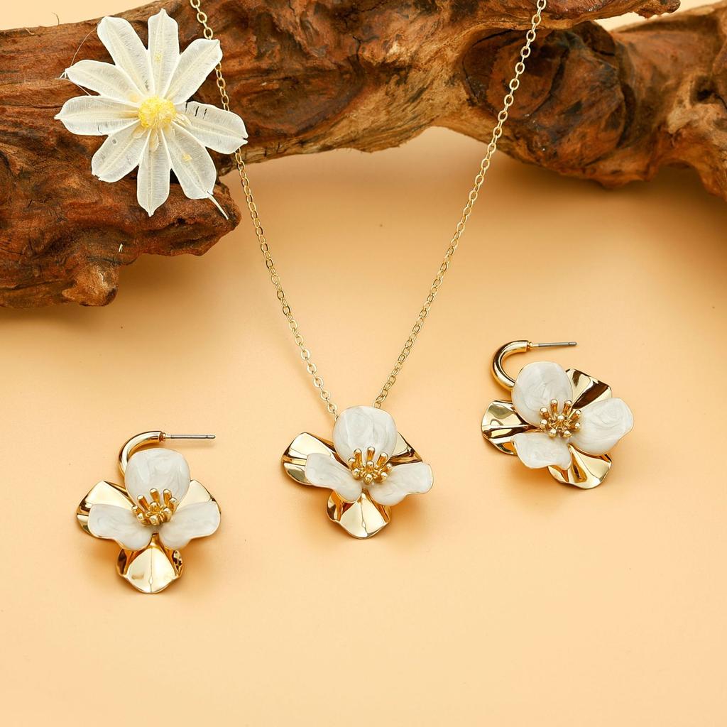 Natural temperament colorful oil dripping flower necklace fashion sweet metal style flower earrings jewelry set women