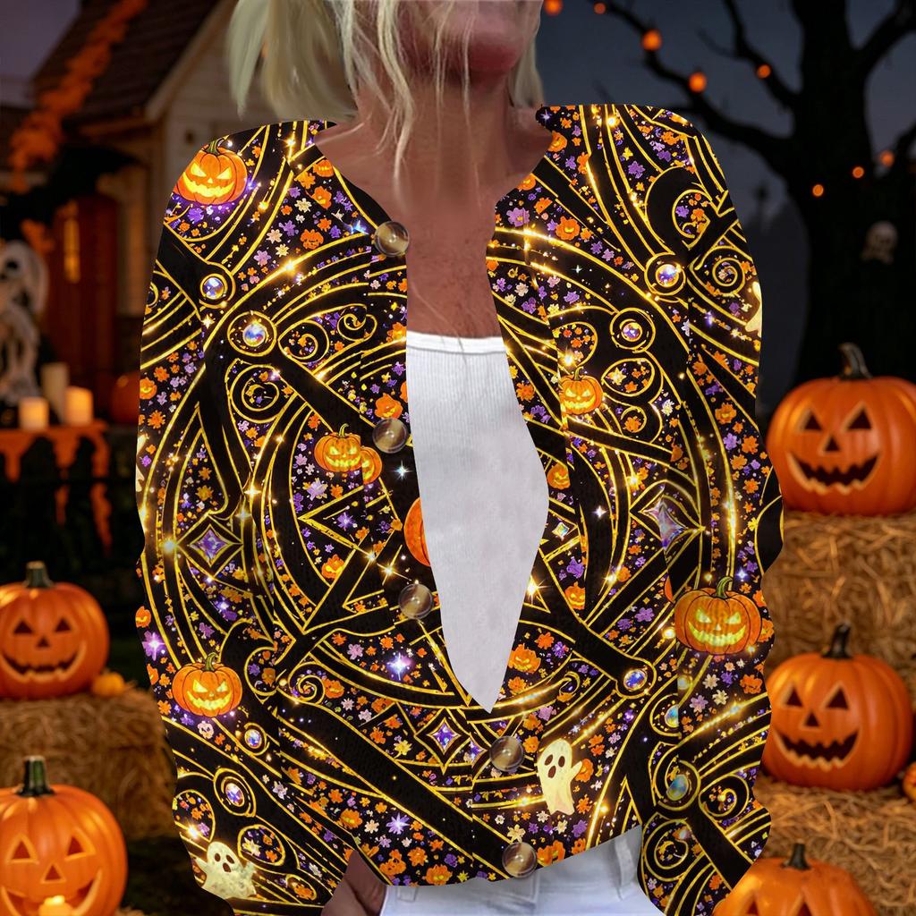 Damen Halloween Print Langarm Strick Cardigan Knopfleiste Pullover Mantel Leichte Oberbekleidung für Herbst und Winter