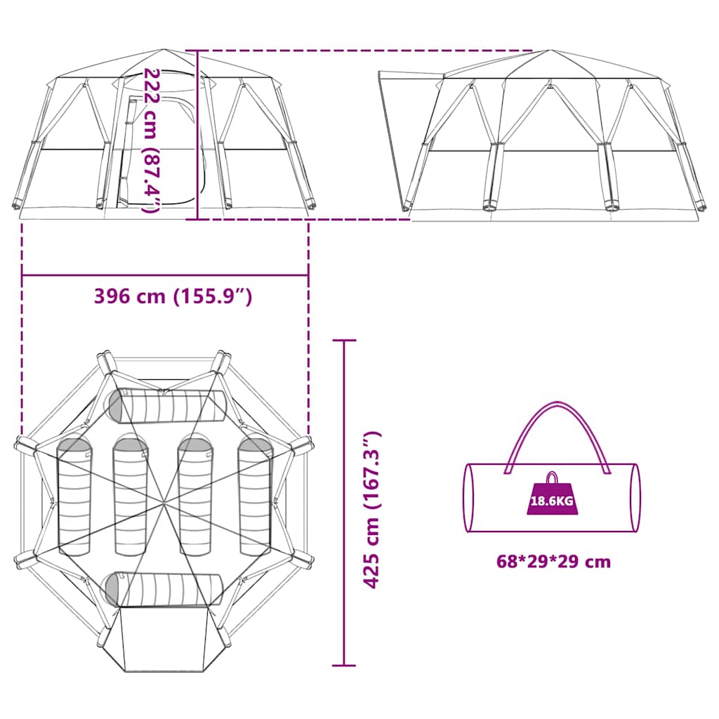 6 Person Tent with Grey and Orange Roof 425 x 396 x 222 cm