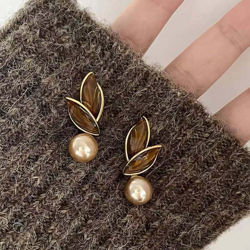 Vintage Metal Pearl Flower Drop Earrings for Women Exquisite Brown Drip Oil Irregular Petal Temperament Earrings Wedding Zircon