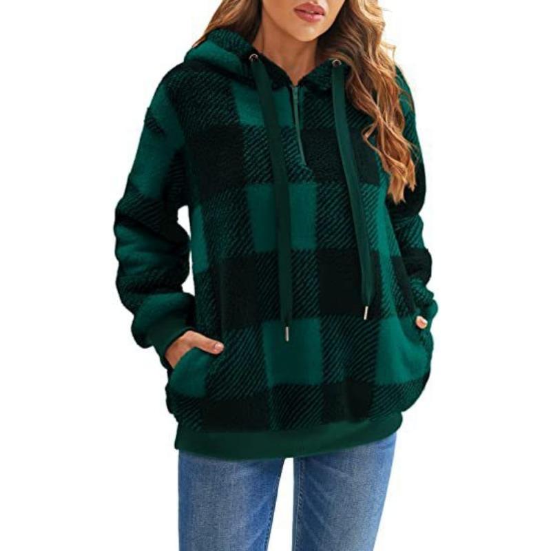 Damen S Langarm Kapuzen Plüsch Kariert Pullover Sweatshirt