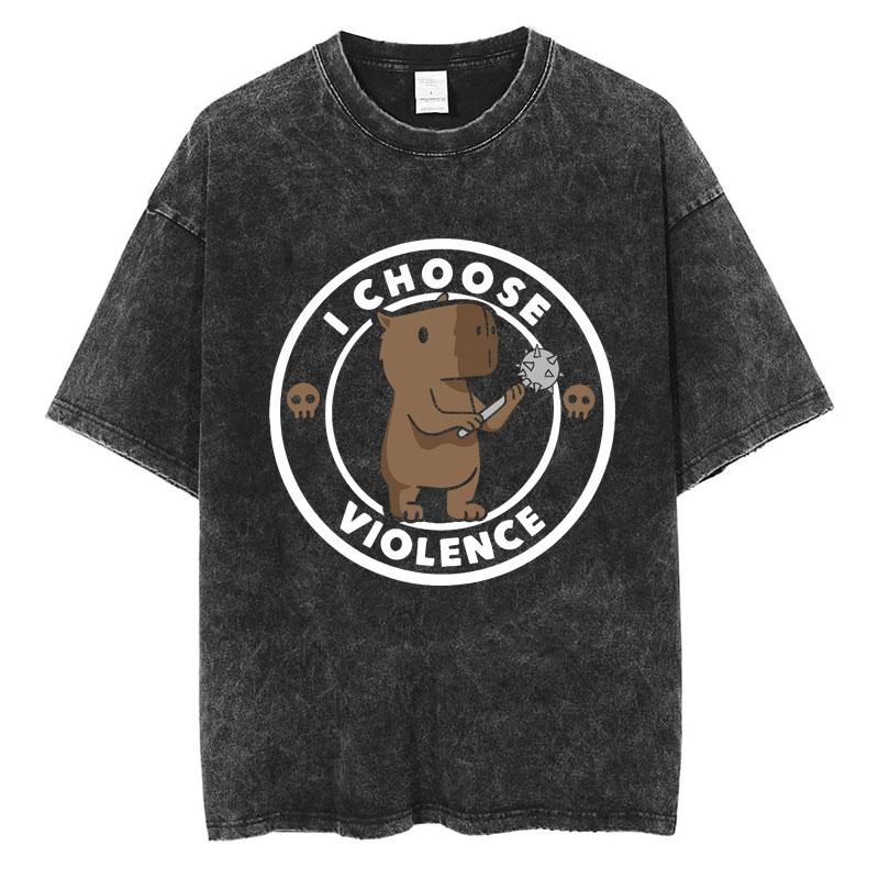 Funny I Choose Violence Washed T Shirt Funny Cat Meme Popular Short Sleeve Men Women Oversized Casual Cotton T Shirts Streetwear