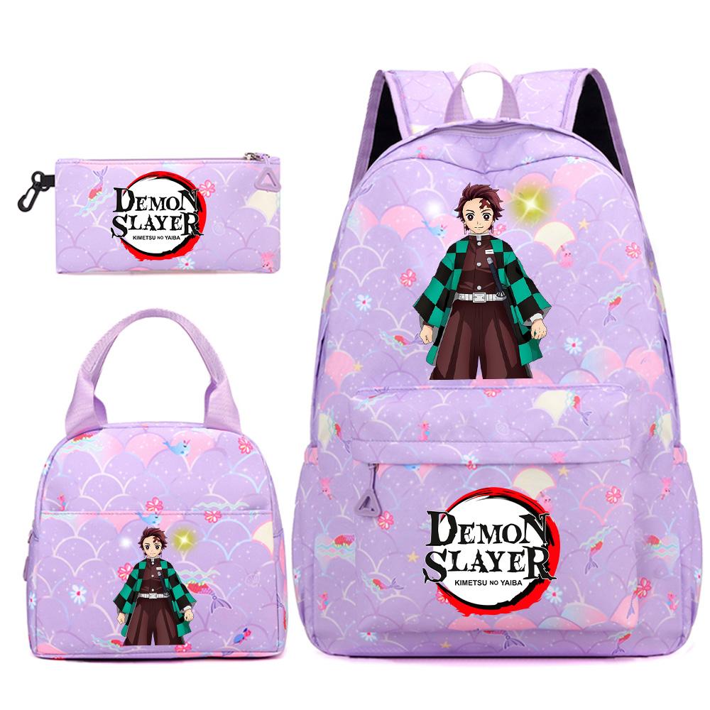 3Pcs/set Anime Demon Slayer Printed Backpack Handbag Pencil Case for Teenger Student Bookbag Women Large Capacity Waterproof Travel Bag Mochila