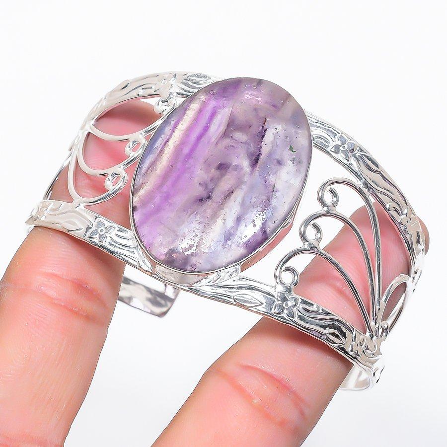 Fluorite Gemstone 925 Sterling Silver Cuff Bangle Adjustable
