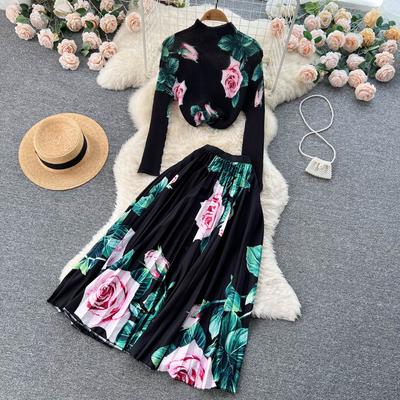 Autumn French Chambray Printed Knitwear Plus Pleated Half-Body Skirt Two-Piece Set