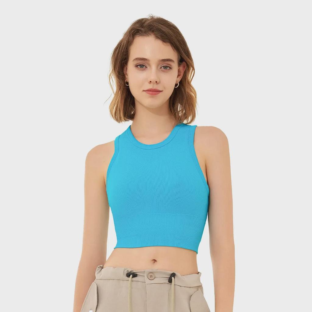 Women's Solid Color Knitted Sleeveless Yoga Sports Bra with Fixed Cup