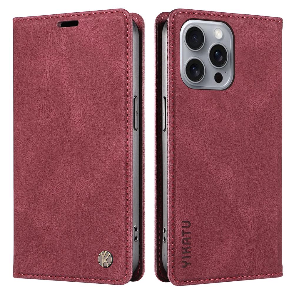 

YIKATU YK-004 For iPhone 16 Pro Max Case Skin Feel Leather Wallet Phone Cover Strong Magnetic Wine Red