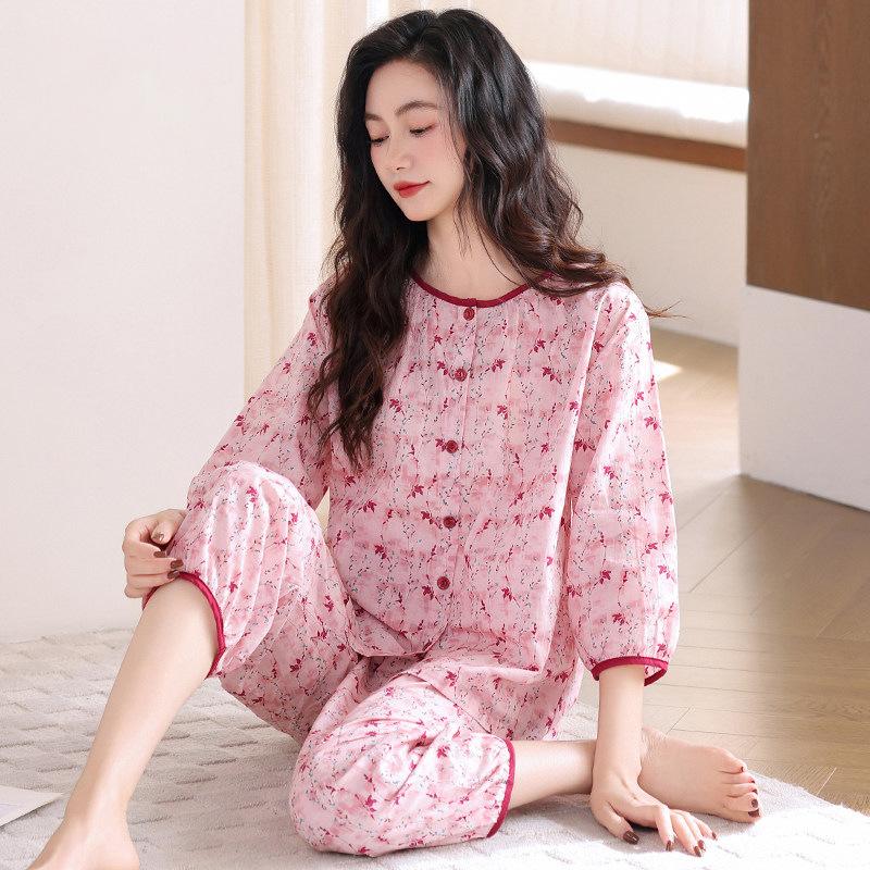 Woven Cotton Gauze Pajamas Women's Spring Cotton Seven-quarter Sleeves 1011 New Summer Cotton Mother Loungewear