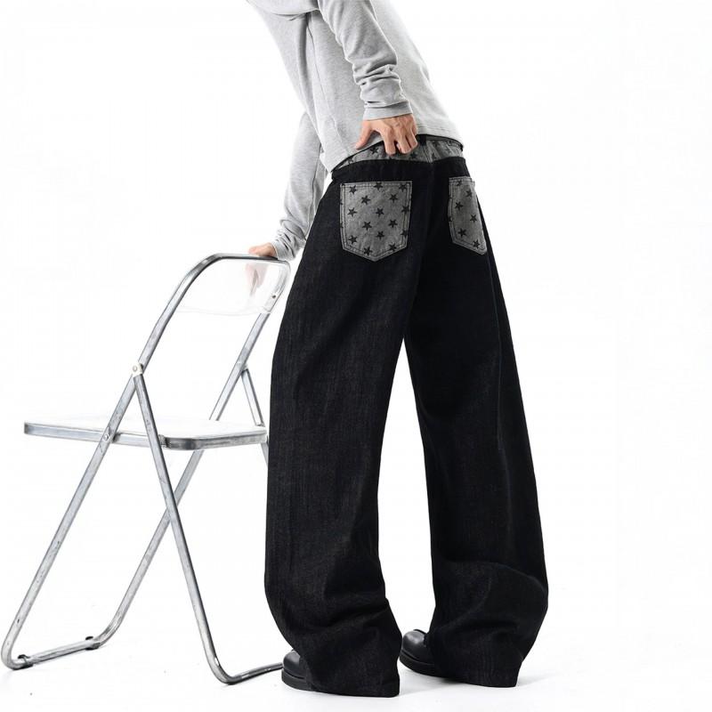 Mens Vintage High Street Flare Jeans Star Patchwork Original Denim Pants Casual Streetwear