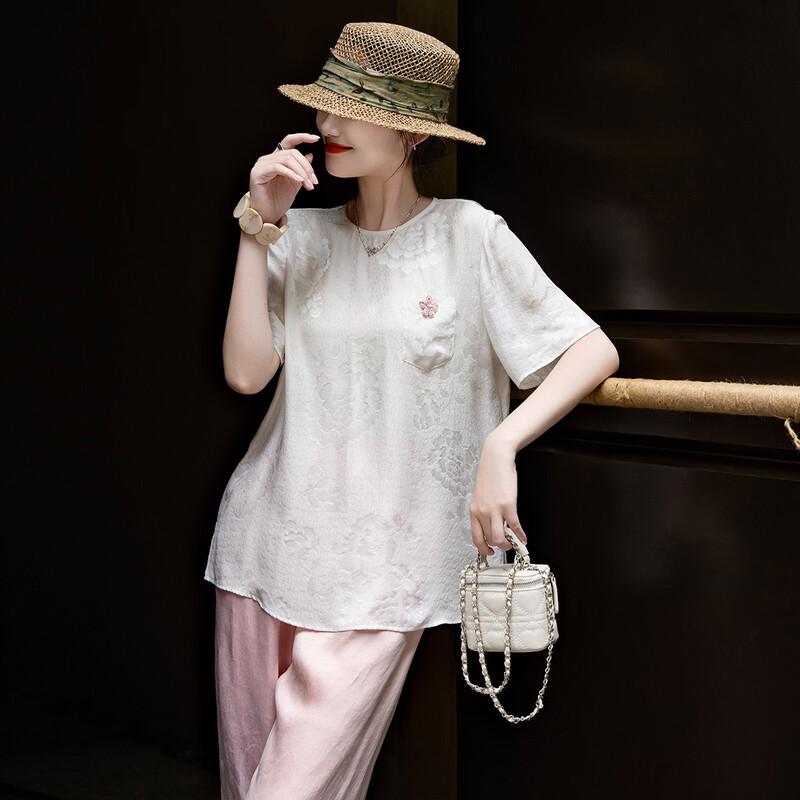 Lanse er 2026 Summer Mulberry Silk Peony Jacquard Beaded T-shirt S